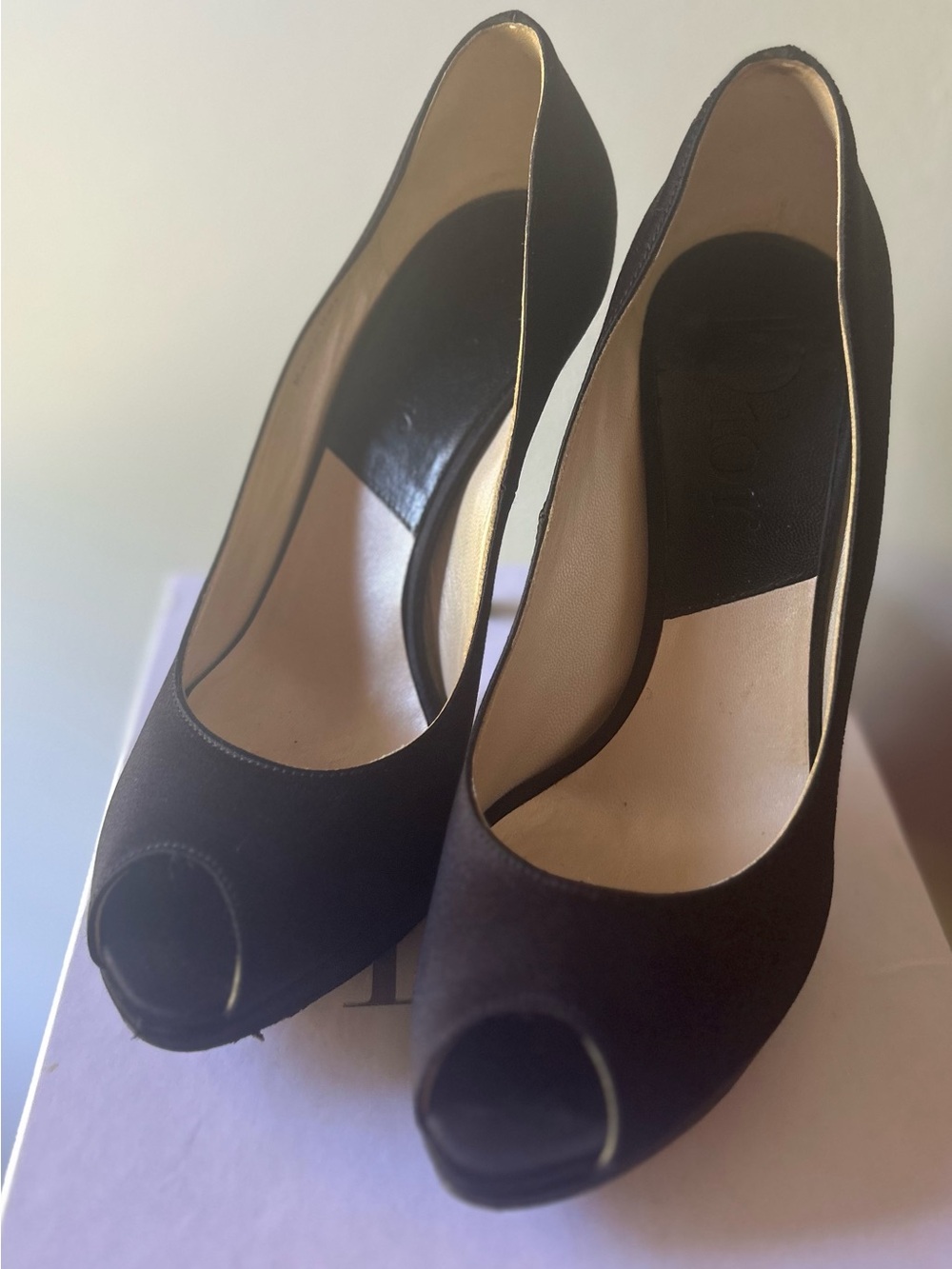 Miss Dior Satin Black Peep-Toe Pumps